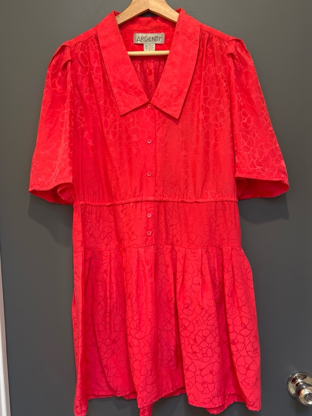 Argenti 100% silk bright pink mini dress with flower burnout pattern